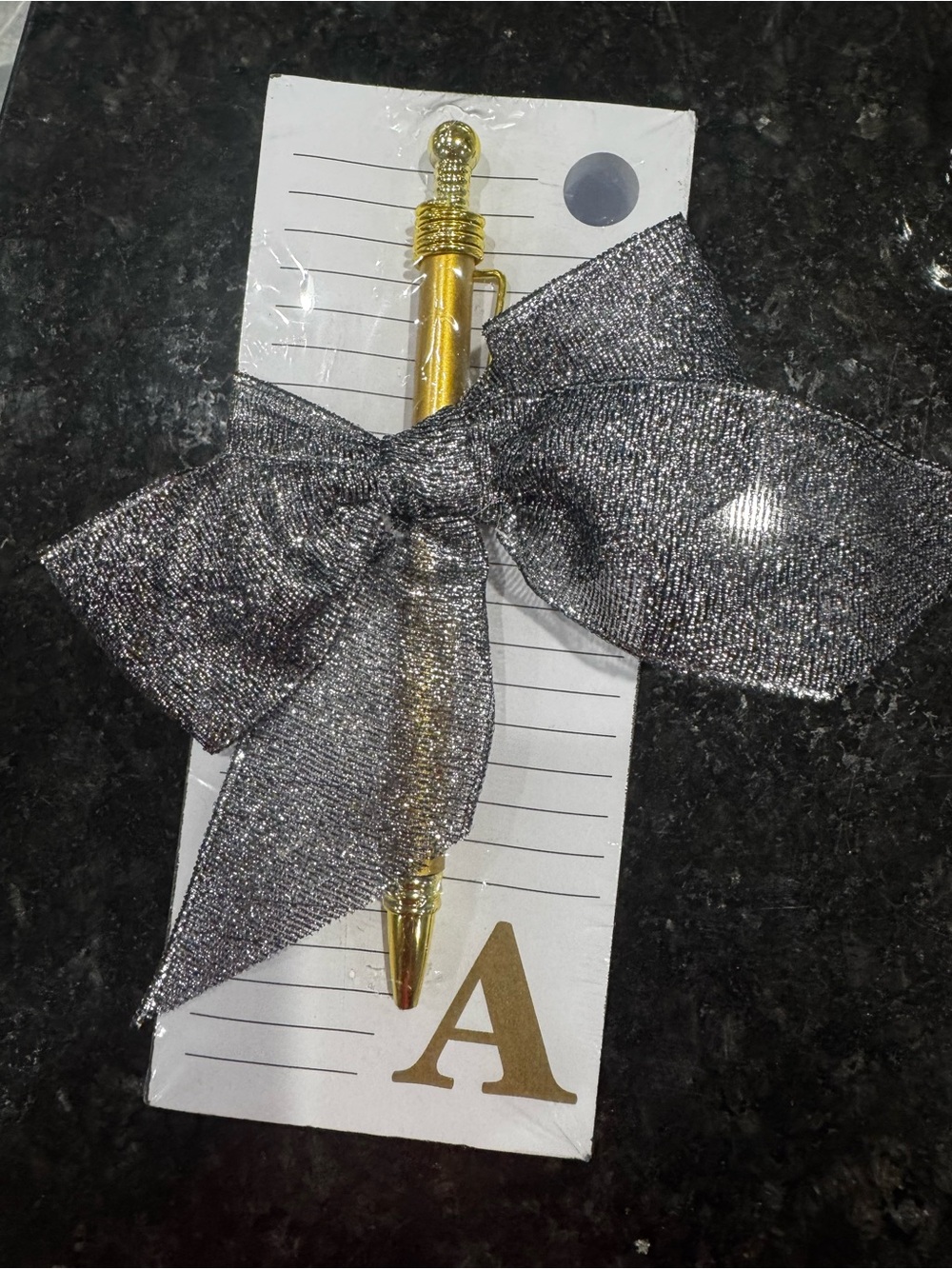 “A” stationary with Gold Ballpoint Pen with Silver Sparkle Bow